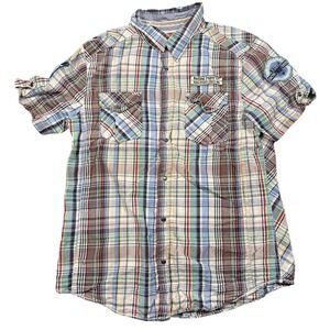 Rolling Paper Shirt Men's Large Pearl Snap Plaid Patches Short Sleeve READ DESCR